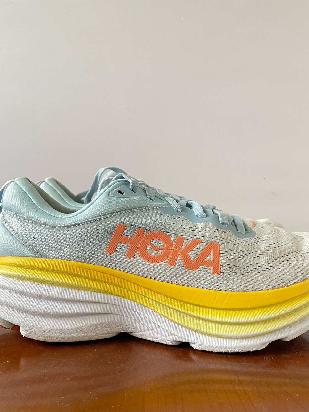 Hoka Bondi 8 Light Blue and Yellow Running Shoes | US women’s 8